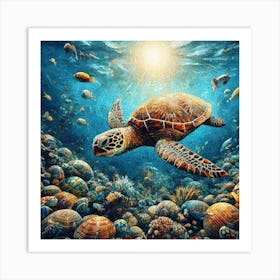 At Home with Sea Turtle Mosaic Art Print