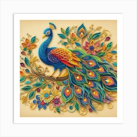 Peacock on flower branch 7 Art Print