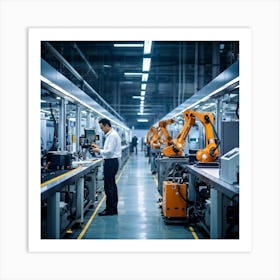 Futuristic Factory Floor Where An Artificial Intelligence Technology Manager Standing On The Convey (6) Poster