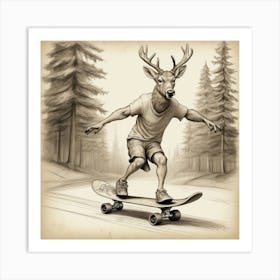 Deer Skateboarding Art Print