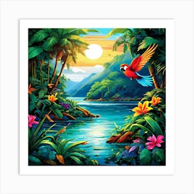 Ai Art With Lush Jungle Landscapes Serene Beaches With Gentle Tropical, pic cell art, good flowers, nice colors, flowers, trees, digital art of nature, wall art of birds, wall art of flowers, wall art of greenery Wave, Art Print