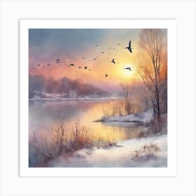 Birds Flying Over A Lake Art Print