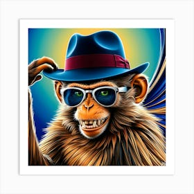 A Dazzling, High Contrast Illustration Of A Monkey Donning A Vintage Inspired, Curved Brim Fedora Hat With A Crimson Band And A Pair Of Sleek, Silver Rimmed, Oversized Sunglasses Art Print