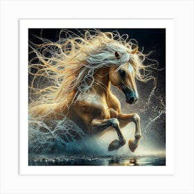 Golden Horse Running In Water Art Print