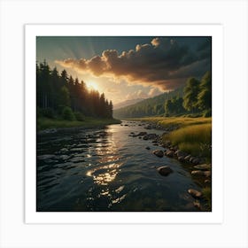 Photo Of Ultra Realistic Insane Illustration, A Landscape That Transmits Peace And Calm The Background Is Wooded And Colorful A River In The Foreground Fairy Tale Style 2 Art Print