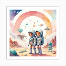 Two Astronauts In Space vintage retro sci-fi art Art Print