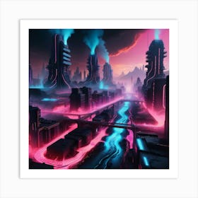 Cyberpunk industrial city with lava and river 2 Art Print