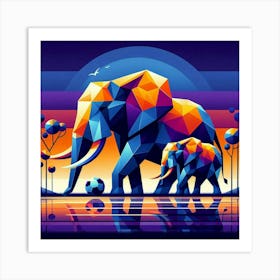 The Playful Pair Elephants At Sunset Art Print