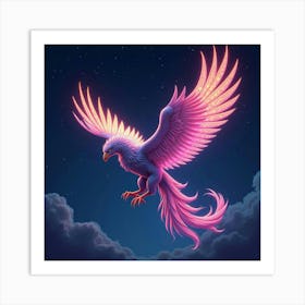 A Mythical Griffin With Feathers Of Cascading, Neon Patterns Soaring Through A Starlit Sky Art Print