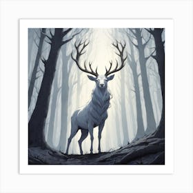 A White Stag In A Fog Forest In Minimalist Style Square Composition 46 Art Print