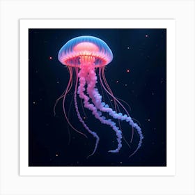 A Jellyfish With Neon Colored Tendrils, Floating Through A Deep, Bioluminescent Sea Art Print