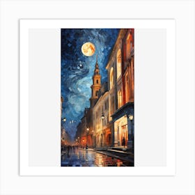 Moonlight In The City Big city landscape made of starry sky, cubism, depth, creativity, fantasy, sky blue, vermilion, glaze, grayscale, gorgeous full color Art Print