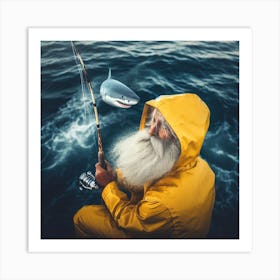 Old Man Fishing With Shark Art Print