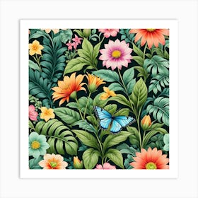 Seamless Pattern With Flowers And Butterflies Art Print