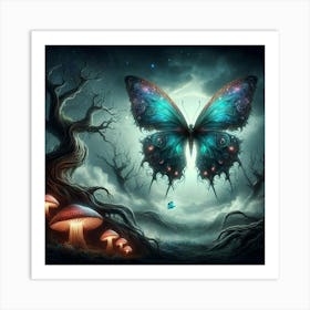 Butterfly And Mushrooms In The Forest Art Print