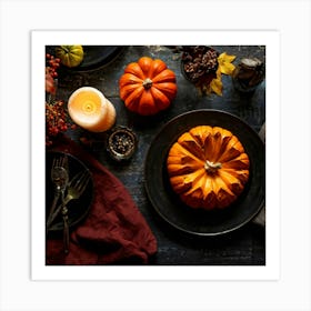 Autumnal Table Setting Cradling A Half Carved Roasted Pumpkin Candlelight Flickering Within Casting (1) Art Print