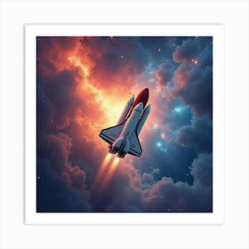 Shuttle Against A Watercolor Radiant Cosmic Nebula 1 Art Print