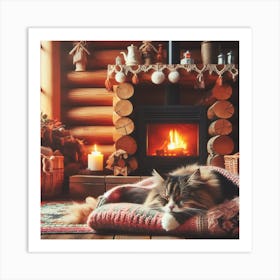 Cozy Cat In Front Of Fireplace Art Print