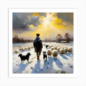 Shepherds In The Snow at Sunset Art Print