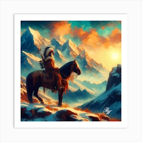 Oil Texture Native American Indian On Horseback In The Mountains 6 Copy Art Print