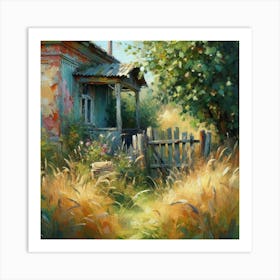 House And Overgrown Grass In The Countryside, Acrylic Painting Style Art Print