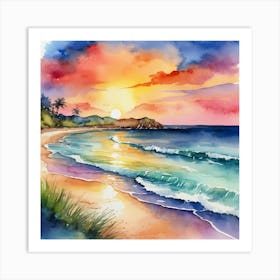 Watercolor Of A Beach Sunset Art Print