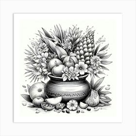 Ink Drawing Of Fruits In A Pot Art Print