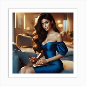 Beautiful Woman In Blue Dress Using Laptop Art Print