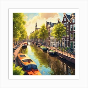 Amsterdam Canal Summer Aerial View Painting Art Art Print