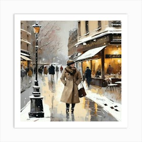 Paris cafes, winter season, Christmas, pale colors, pedestrians in the street, winter clothes, falling snow.4 Art Print