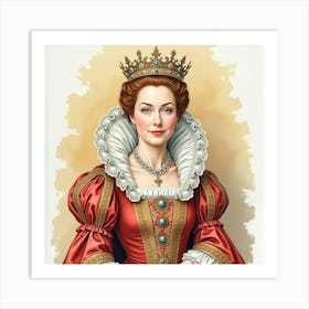 Queen Elizabeth I In Watercolor, Regal Robes, Elegant Background 1 Art Print