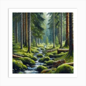 Stream In The Forest, Acrylic Painting Style 17 Art Print