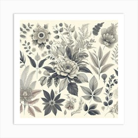 Black And White Floral Set Art Print