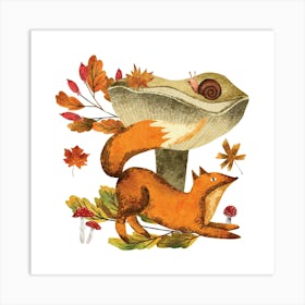 Autumn woodland wild fox and red leaves Art Print