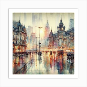 Cityscape in Rain: Nostalgic Watercolor Painting Inspired by Bernard Buffet | Impressionistic Techniques and Atmosphere. Art Print