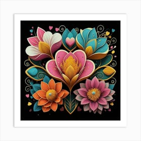 Abstract art of exotic flowers with vibrant abstract hearts in their designs, hearts, Art Print