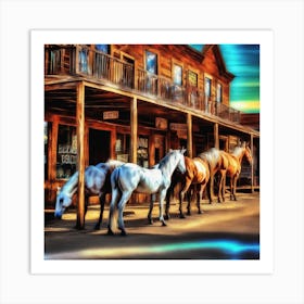 Horses In Front Of The Saloon Art Print