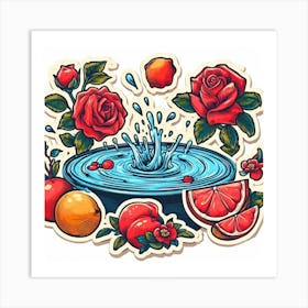 Water Splash fruits and flowers Art Print