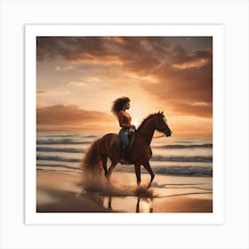 Woman Riding Horse At Sunset Art Print