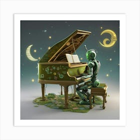 Green Robot Playing A Piano Art Print