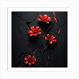 Red Flowers On A Cracked Wall Art Print