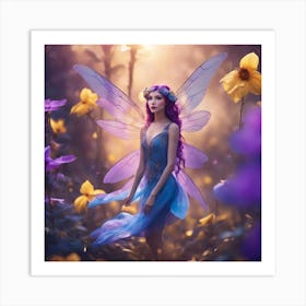 Full Body Photograph, Tiny Fairy Woman, Flying, Beautiful, Iridescent Dragonfly Wings, Violet Hair, Art Print