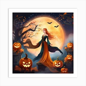 Halloween Girl With Pumpkins 3 Art Print