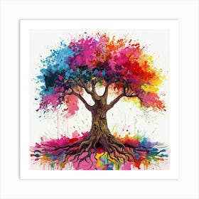 Vibrant Abstract Tree Painting With Colorful Canopy And Roots Art Print