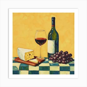 Cheese & Wine Yellow Checkerboard 3 Art Print