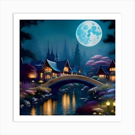 A stream on a moonlit night, illuminated by the moonlight, shining on the trees and plants. On both sides of the stream are beautiful buildings in a peaceful scene. Art Print