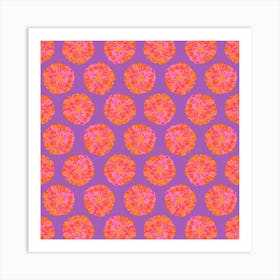 CHRYSANTHEMUMS Multi Abstract Polka Dot Floral Summer Bright Flowers in Fuchsia Pink Orange Yellow on Violet Purple Art Print