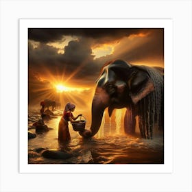 Washing An Elephant Art Print