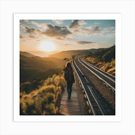 Woman Walking On Train Tracks At Sunset Art Print