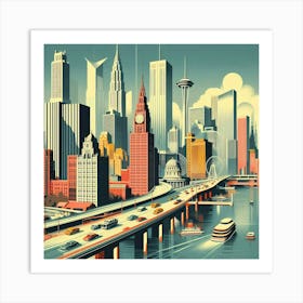 Vintage Travel Poster Depicting A Mid Century City Skyline With Iconic Landmarks, Style Retro Travel Poster 3 Art Print